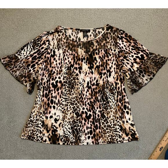 Adele & May Top 3X Animal Leopard Art Flare Short Sleeve Stretch Pink Black - Picture 1 of 16